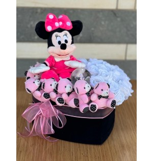 kalpli kadife büyük boy kutuda Mickey mause, kar küresi, peluş oyuncak yapay gül aranjmanı