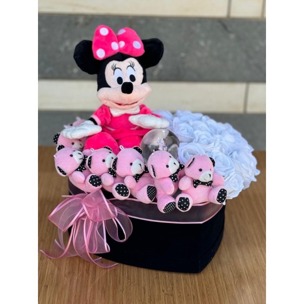 kalpli kadife büyük boy kutuda Mickey mause, kar küresi, peluş oyuncak yapay gül aranjmanı